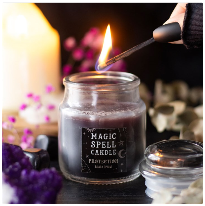 This black jar candle comes in a lovely opium fragrance and is perfect for accompanying spells of protection and guidance. Whether used as alternative decor or as a sacred ritual tool, this candle will attract all things divine. Paraffin wax.